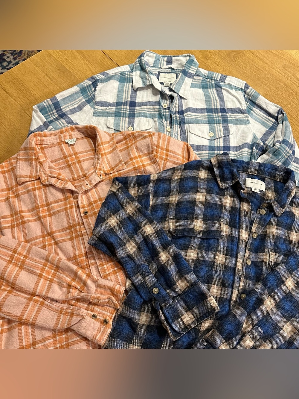 American Eagle & Aerie Plaid Button Down Flannel Shirt Bundle Blue, Peach, Navy